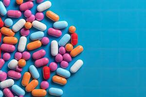 pillen is omringd door een stapel van kleurrijk pillen foto