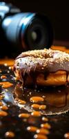 chocola druipend donut smakelijk mond gieter verrukkelijk, ai gegenereerd foto