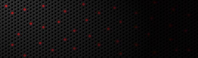abstract donker zwart meetkundig zeshoekig maas materiaal hoofd met rood stippen. metalen technologie banier met blanco ruimte voor uw logo. vector abstract breedbeeld achtergrond foto