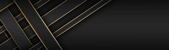 zwart en goud overlapt strepen vector kop. meetkundig materiaal banier met blanco ruimte voor uw logo. donker abstract website ontwerp foto