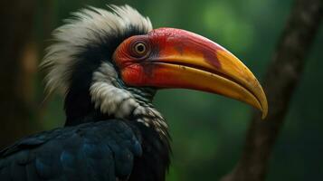 knobbelig neushoornvogel, rhyticeros cassidix, van sulawesi, Indonesië. mooi oerwoud neushoornvogel in de dieren in het wild. generatief ai foto