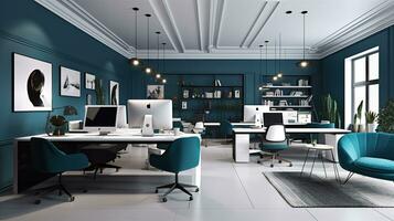 kubiek kantoor ruimte met blauw en wit betegeld vloeren en Open ramen, ai gegenereerd foto