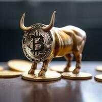 detailopname van een bitcoin met een stier generatief ai foto