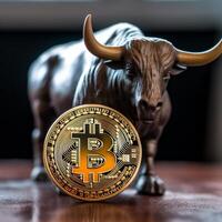 detailopname van een bitcoin met een stier generatief ai foto