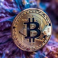 detailopname van een bitcoin met een uniek backdrop generatief ai foto