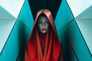 vrouw model- poseren in futuristische minimalistisch anders gezegd architectuur generatief ai foto