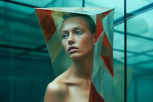 vrouw model- poseren in futuristische minimalistisch anders gezegd architectuur generatief ai foto