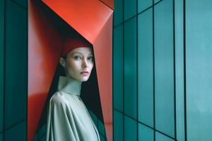 vrouw model- poseren in futuristische minimalistisch anders gezegd architectuur generatief ai foto