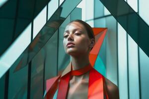 vrouw model- poseren in futuristische minimalistisch anders gezegd architectuur generatief ai foto