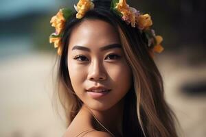 portret van een Aziatisch vrouw Aan tropisch strand generatief ai foto