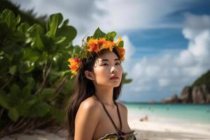 portret van een Aziatisch vrouw Aan tropisch strand generatief ai foto