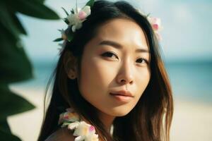 portret van een Aziatisch vrouw Aan tropisch strand generatief ai foto
