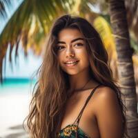 portret van een aantrekkelijk jong vrouw Aan tropisch strand generatief ai foto