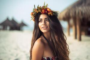 portret van een aantrekkelijk jong vrouw Aan tropisch strand generatief ai foto