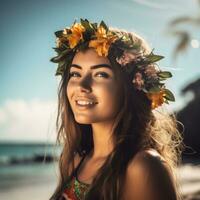 portret van een aantrekkelijk jong vrouw Aan tropisch strand generatief ai foto