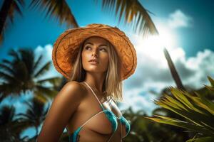portret van een aantrekkelijk jong vrouw Aan tropisch strand generatief ai foto