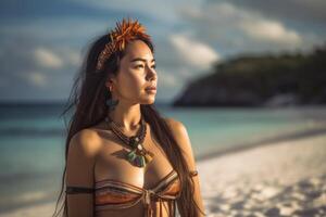 portret van een aantrekkelijk jong vrouw Aan tropisch strand generatief ai foto