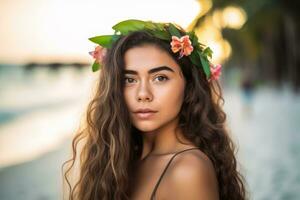 portret van een aantrekkelijk jong vrouw Aan tropisch strand generatief ai foto