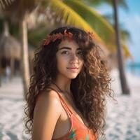 portret van een aantrekkelijk jong vrouw Aan tropisch strand generatief ai foto