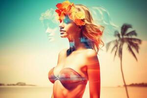 zomer themed dubbele blootstelling bikini portret generatief ai foto
