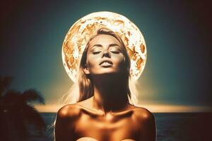 zomer themed dubbele blootstelling maanlicht bikini portret generatief ai foto