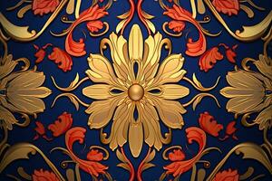 een goud en rood bloemen patroon Aan een blauw achtergrond generatief ai foto