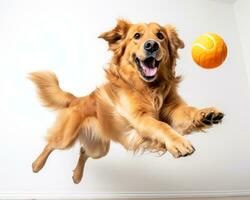 een gouden retriever is jumping in de lucht met een tennis bal generatief ai foto