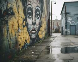 een graffiti gedekt muur met een dames gezicht geschilderd Aan het generatief ai foto