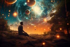 een Mens zittend Aan een rots in voorkant van een beeld van planeten en sterren generatief ai foto