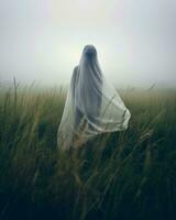 een persoon in een wit sluier staand in een veld- van hoog gras generatief ai foto