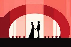 een silhouet van een bruid en bruidegom staand in voorkant van een rood boog generatief ai foto
