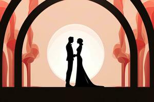 een silhouet van een bruid en bruidegom staand in voorkant van een boog generatief ai foto