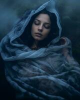 een vrouw in een blauw jurk is slapen in de mist generatief ai foto
