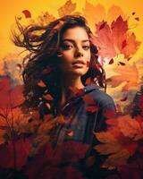 een vrouw is omringd door herfst bladeren generatief ai foto