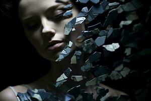 een vrouw is omringd door verbrijzeld glas generatief ai foto