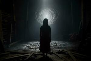 een vrouw staand in een donker kamer met een licht komt eraan uit van het generatief ai foto