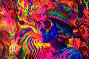 een vrouw vervelend een hoed en zonnebril in voorkant van een psychedelisch achtergrond generatief ai foto