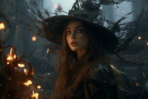 een vrouw vervelend een heks hoed in de bossen generatief ai foto