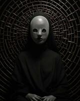 een vrouw met een masker Aan haar gezicht zittend in een cirkel generatief ai foto