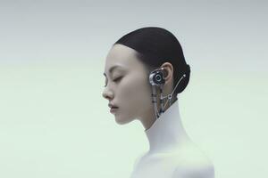 een vrouw met een robot hoofd en oortelefoons generatief ai foto