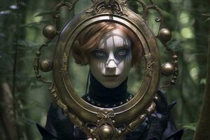 een vrouw met blauw ogen is Holding een spiegel in de bossen generatief ai foto