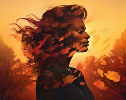 een vrouw met haar haar- blazen in de wind in voorkant van herfst bomen generatief ai foto