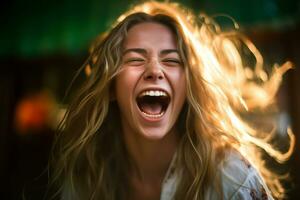 een vrouw met haar mond Open en haar haar- blazen in de wind generatief ai foto