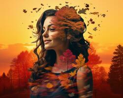 een vrouw met bladeren in haar haar- en herfst bomen in de achtergrond generatief ai foto