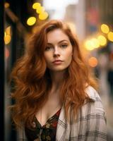 een vrouw met rood haar- staand in voorkant van een stad straat generatief ai foto
