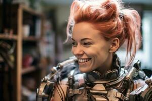 een vrouw met rood haar- vervelend een robot pak generatief ai foto