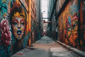 een steeg met kleurrijk graffiti Aan de muren generatief ai foto