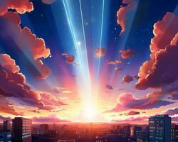 een anime tafereel van de zon stijgende lijn over- een stad generatief ai foto