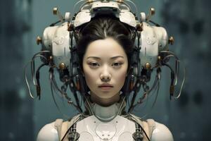een Aziatisch vrouw in een futuristische robot pak generatief ai foto