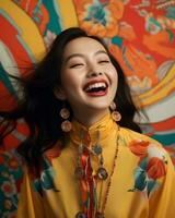 een Aziatisch vrouw lachend terwijl vervelend een kleurrijk blouse generatief ai foto